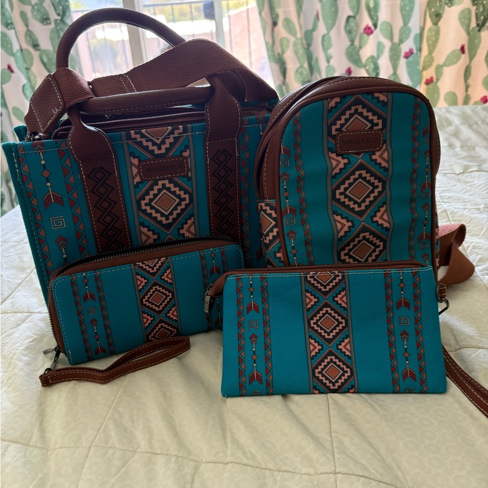 Blue And Brown Geometric Pattern Backpack - image 1